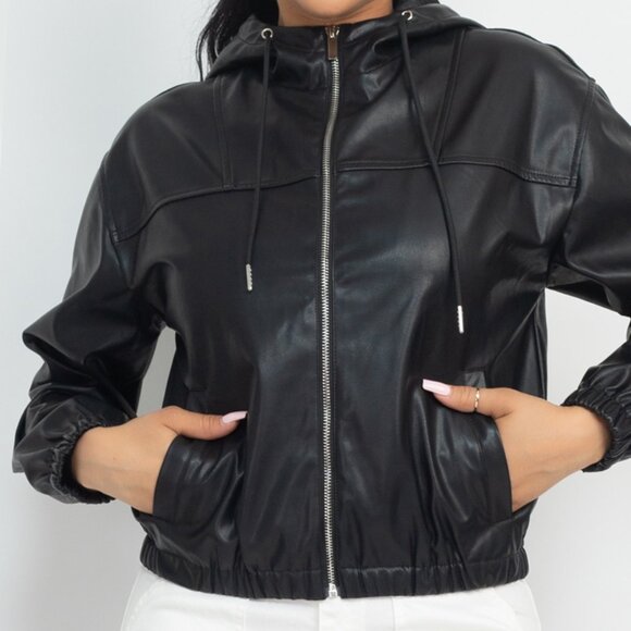 Faux Leather Hoodie Jacket - Picture 4 of 5